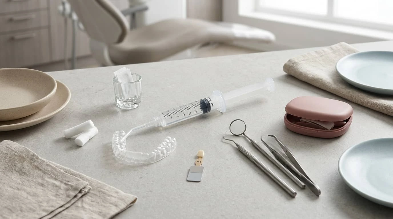 Gel de blanqueamiento dental profesional junto a instrumental odontológico en consultorio