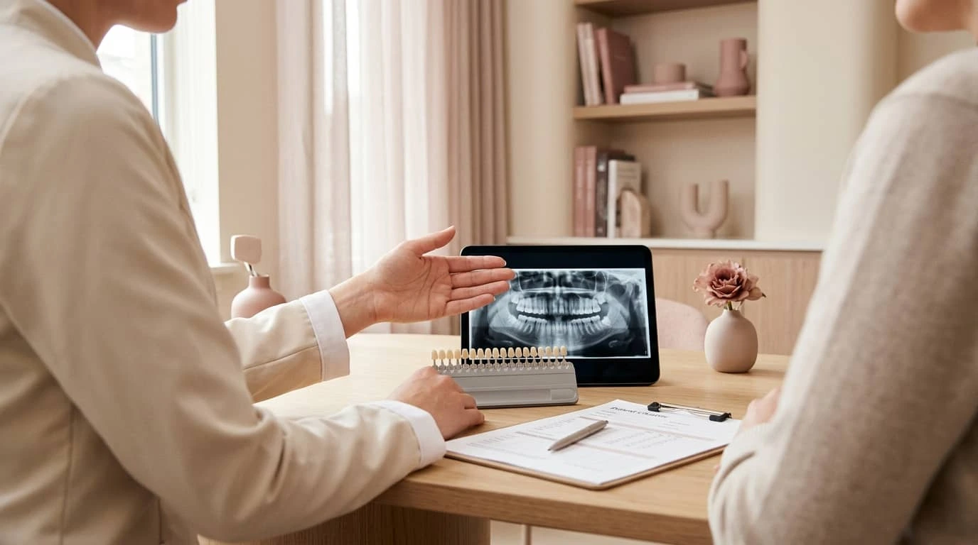 Odontóloga explicando el plan de blanqueamiento dental a partir de una limpieza previa, sin rostro visible