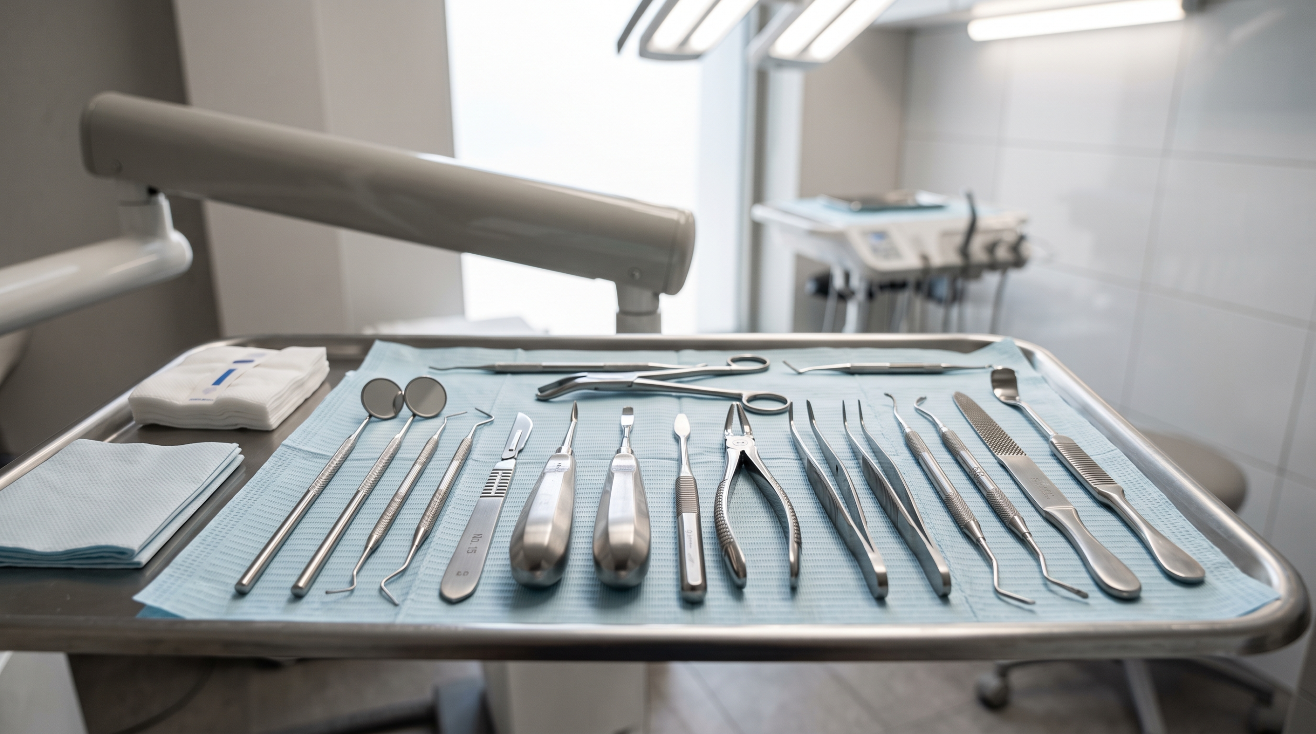 Instrumental de cirugía oral esterilizado listo para la extracción de un cordal