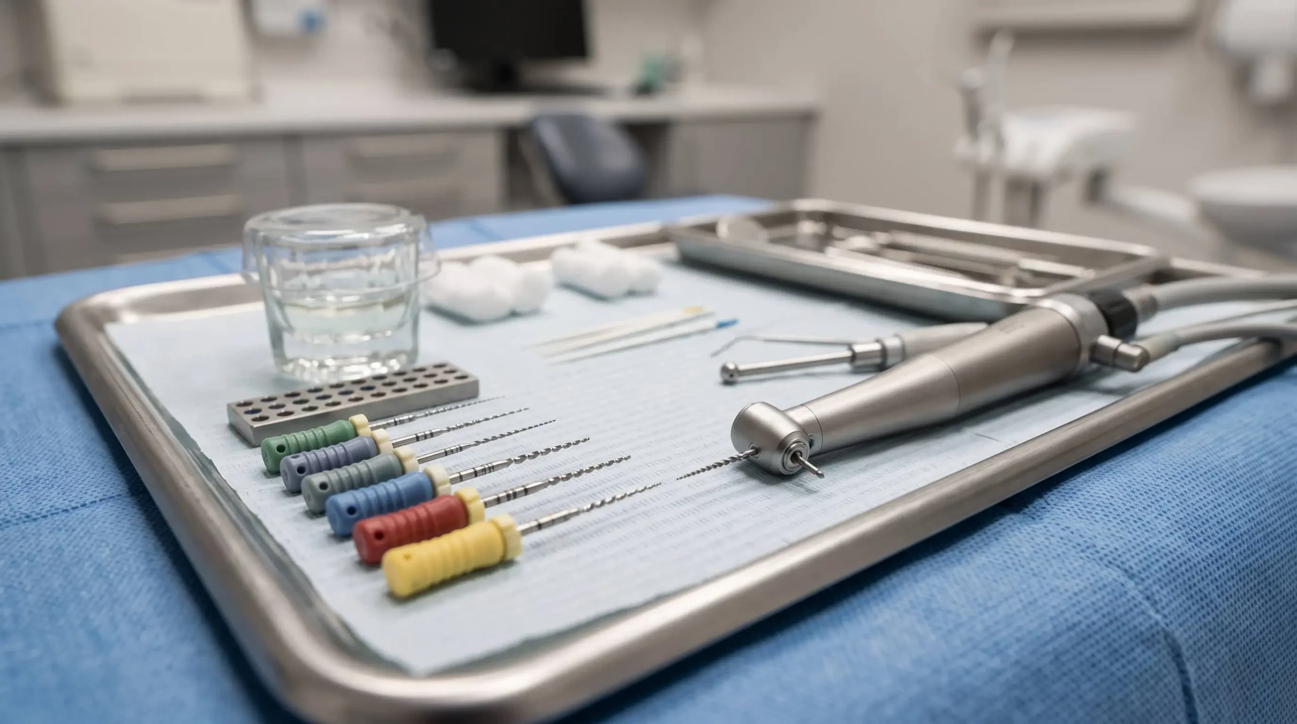 Equipo de endodoncia y limas dentales utilizadas durante un tratamiento de conducto