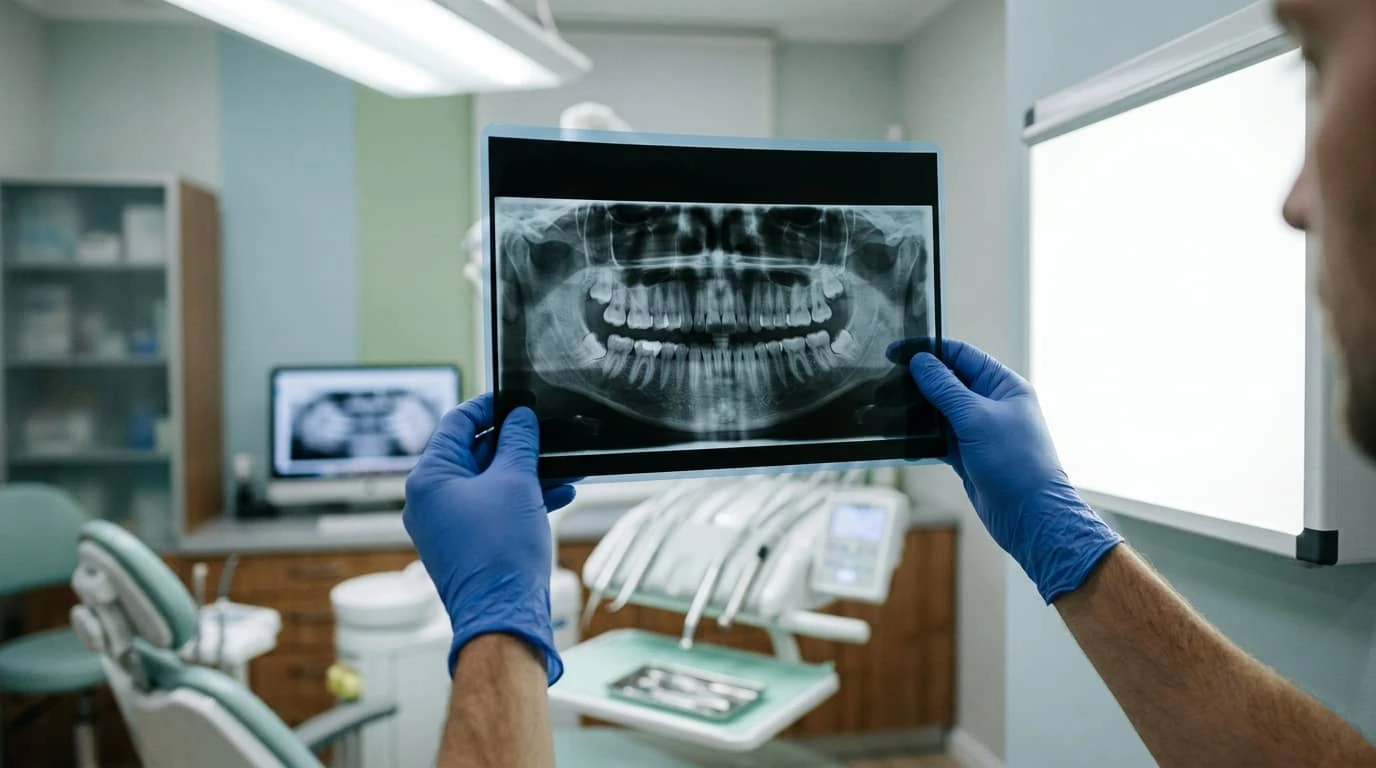 Odontóloga revisando una radiografía dental como parte del diagnóstico de rehabilitación oral